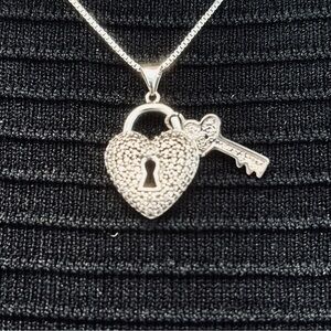 Delicate Sterling Silver Heart Lock and Key Pendant Necklace
